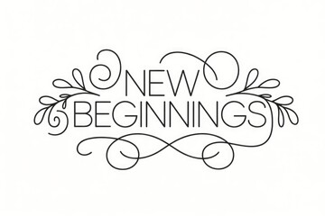 Naklejka premium An elegant monochrome design features the inspiring phrase 'NEW BEGINNINGS' in stylish thin font, framed by delicate swirls and botanical accents.
