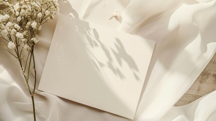 Blank card mockup with gypsophila flowers on a white fabric background. Elegant wedding stationery flat lay with natural light and shadows. Minimalist invitation template with copy space