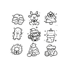 Hand drawn christmas outline icon collection isolated