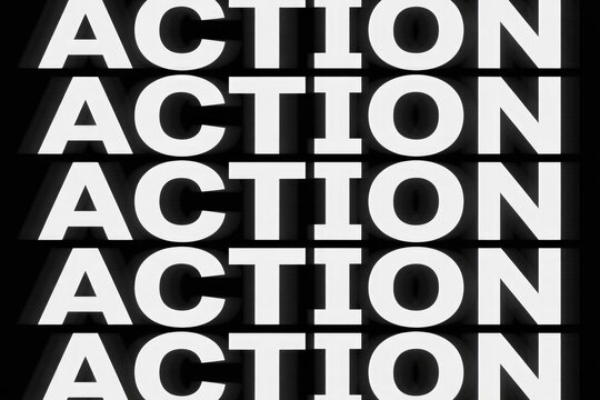 The word 'ACTION' is repeatedly displayed in bold white letters on a transparent background, emphasizing urgency and dynamism with a subtle depth effect.