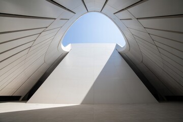 Fototapeta premium Striking modern architecture with smooth white curves opening to a bright blue sky, creating dynamic light and shadow patterns.