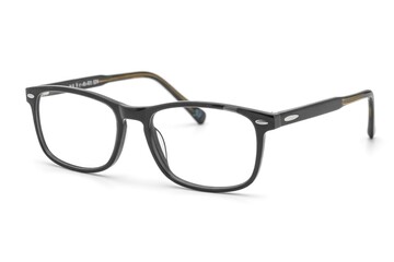 Stylish black rectangular full-rim eyeglasses with clear lenses and subtle temple accents, isolated on a clean white background, showcasing a modern eyewear design.