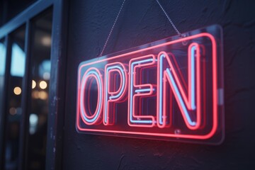 A vibrant red and blue neon 'OPEN' sign hangs brightly on a dark storefront, inviting customers with its glowing welcome.