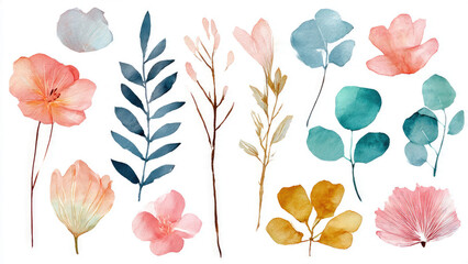 Beautiful watercolor illustrations of various flowers and leaves in soothing pastel shades, ideal for spring and nature-inspired artwork.