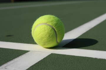 A vibrant yellow-green tennis ball rests precisely on the white line intersection of a textured green court, casting a clear shadow. Ready for action.