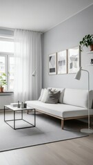 Fototapeta premium Minimal Scandinavian Living Room with White Sofa and Black Coffee Table