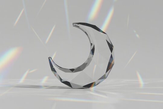 A faceted crystal crescent moon casts beautiful rainbow light prisms on a serene white background, creating a dazzling celestial display.