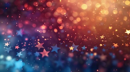 Sparkling stars and glitter on a festive abstract background. Magical celebration concept with glowing gold and blue bokeh lights. Holiday event wallpaper