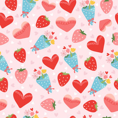 Seamless festive background with hearts, strawberries, and flowers for Valentine's Day, wedding, or Mother's Day designs.