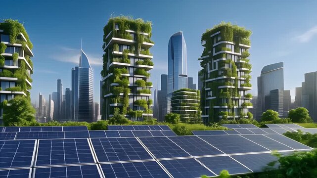 Futuristic Eco-City Skyline with Vertical Gardens on Skyscrapers and Solar Panels in Foreground, Representing Sustainable Urban Development.