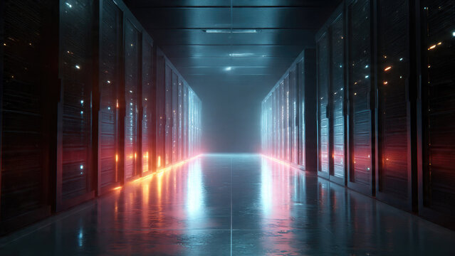 Futuristic data center corridor showcasing server racks with vibrant blue and orange lights. Reflections on the floor emphasize advanced technology and connectivity.