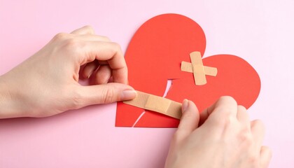 Woman's hands applying adhesive bandages to a torn red paper heart, symbolizing emotional healing and mending a broken relationship.