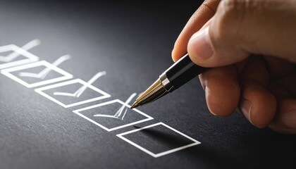 Close-up of a hand marking a checkbox with a pen on a black paper checklist, signifying task completion or selection.