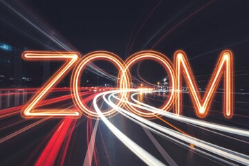 A dynamic long-exposure image where the word 'ZOOM' is formed by vibrant light trails, set against a backdrop of urban traffic streaks at night.