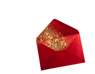 Open red envelope with golden particles floating out, white background