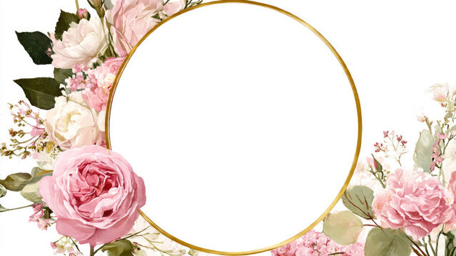 Elegant golden circle frame adorned with a beautiful watercolor floral bouquet of pink and white roses and peonies, perfect for invitations or decorative purposes. - Powered by Adobe
