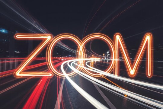 A dynamic long-exposure image where the word 'ZOOM' is formed by vibrant light trails, set against a backdrop of urban traffic streaks at night.