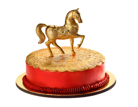 indian Gao cake decorated with golden horse topper, white background.