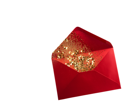 Open red envelope with golden particles floating out, white background