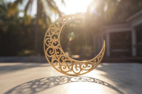 A beautiful golden ornate crescent moon stands on a surface, casting intricate shadows under warm sunlight with blurred palm trees in background.