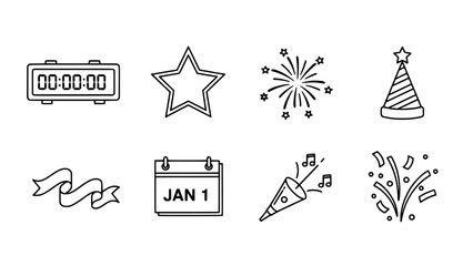 New Year party and celebration outline icon collection