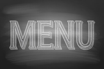 A vintage-style chalkboard displays the word 'MENU' in decorative, hand-drawn chalk lettering, perfect for restaurant or cafe signage.