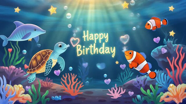 Underwater Happy Birthday Animation Celebrate with Dolphins, Turtles, Clownfish, and Ocean Magic in a Joyful Birthday Video