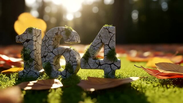 Number 164 made of cracked stone with moss, surrounded by autumn leaves on green grass in a forest, illuminated by sunlight.