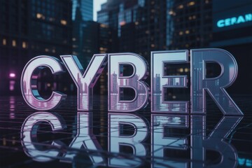 Bold, reflective 'CYBER' text dominates a dark, futuristic cityscape. Neon glows and reflections evoke a sleek, modern digital atmosphere theme.