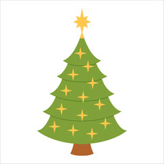 Simple sparkling Christmas tree with big star and bright golden decorations. Festive, shining winter illustration for card, banner, kids, seasonal, holiday designs. Flat vector. Hand drawn. Isolated.