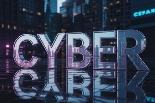 Bold, reflective 'CYBER' text dominates a dark, futuristic cityscape. Neon glows and reflections evoke a sleek, modern digital atmosphere theme. - Powered by Adobe