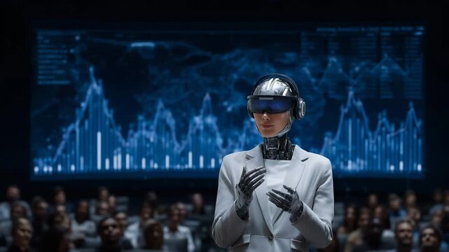 4k A female AI researcher presenting a sentient humanoid robot prototype in a glass auditorium. Audience members wear translation visors, and real-time data streams behind her