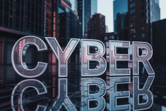 3D metallic 'CYBER' letters reflect a modern cityscape on a sleek, dark surface, symbolizing technology's urban integration.
