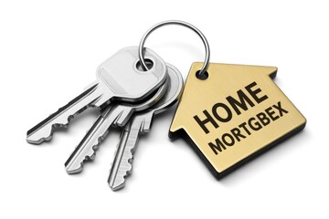 A set of silver house keys on a ring, attached to a golden, house-shaped keychain with "HOME MORTGBEX" engraved, symbolizing new property ownership and mortgage services.