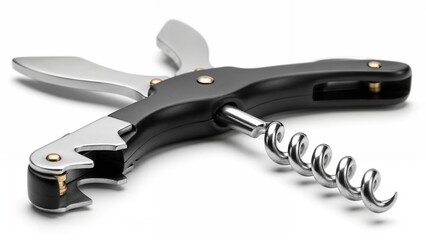 Photorealistic black and silver corkscrew wine opener, metallic colors, sommelier tool for opening bottles