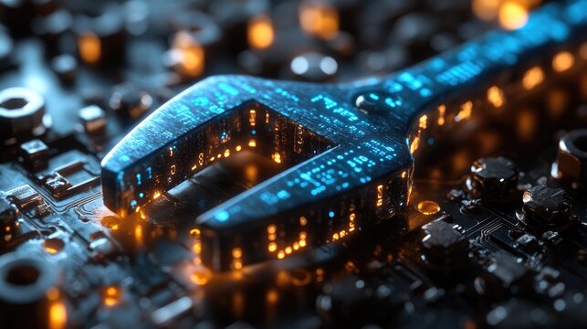 Blue digital wrench spanner with glowing binary code, AI in maintenance management systems, predictive maintenance algorithms
