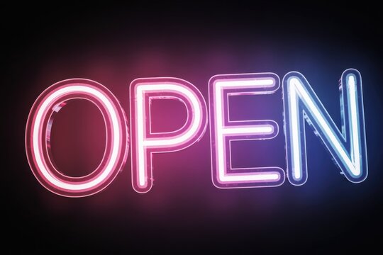 A striking neon sign glows with "OPEN" in vibrant pink and blue colors on a dark background. This luminous display perfectly symbolizes availability, welcome, and business operations.