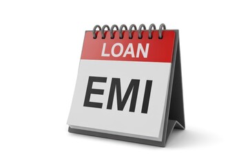 A desk calendar displays "LOAN" on its red header and "EMI" prominently, symbolizing financial obligations and regular loan repayments.