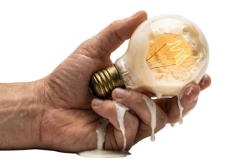 Hand holding melting ice cream lightbulb concept of global warming and energy