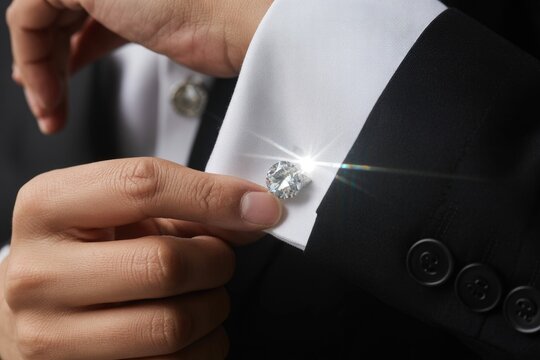 A hand adjusts a sparkling diamond cufflink on a crisp white dress shirt cuff, part of a sophisticated black suit.
