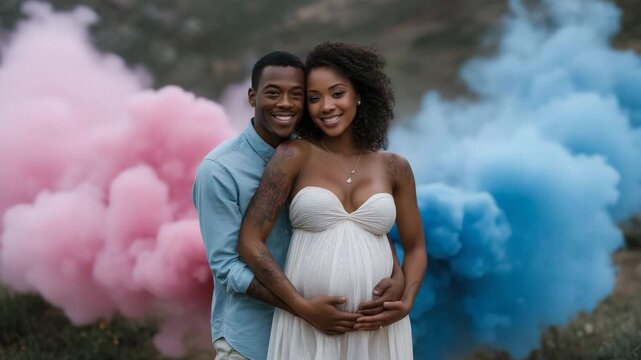 4k Couple stands back to back in open field, holding pink and blue smoke bombs, smiling with anticipation as colors swirl around them gender reveal couple, pink vs blue smoke, baby bo