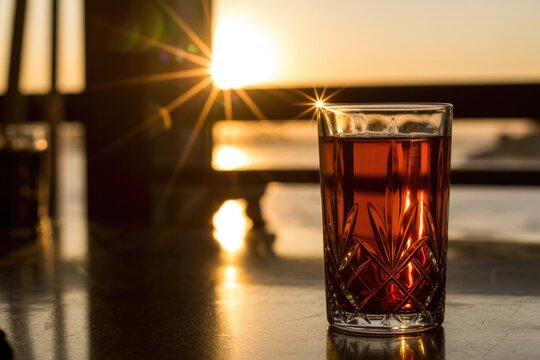 A patterned glass of amber liquid shines, backlit by a brilliant sunset starburst. Golden reflections dance on the table's warm surface.