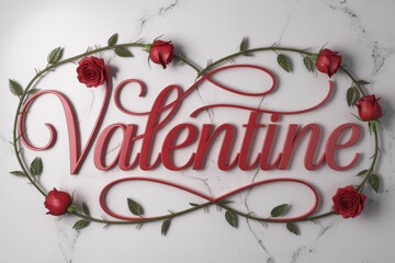 Red 3D 'Valentine' script, elegantly framed by a rose vine with red buds, on a pristine white marble background, symbolizing love.