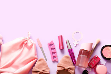 Composition with decorative cosmetics, accessories, shoes and car key on lilac background
