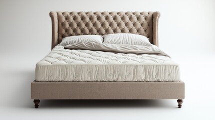 A beige tufted bed with a high headboard, pillows, and a duvet set against a white backdrop