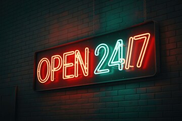 A vibrant neon sign against a dark brick wall, displaying 'OPEN 24/7' in glowing red and green, indicating continuous service.