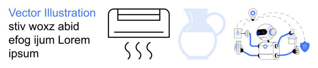 Smart home technology, energy efficiency, IoT innovations, data security, remote control, and convenience. Air conditioning, a pitcher and connected devices with a shield icon displayed. Smart home