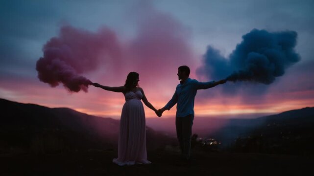 4k Silhouette of a couple against the sunset, holding smoke bombs pink in one hand, blue in the other artistic gender reveal silhouette, pink and blue smoke, sunset baby announcem