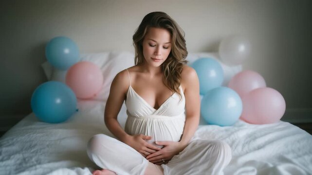 4k Pregnant woman sitting on a white blanket surrounded by soft pink and blue balloons, barefoot, hands on belly intimate maternity shoot, gender reveal setup, indoor - Powered by Adobe