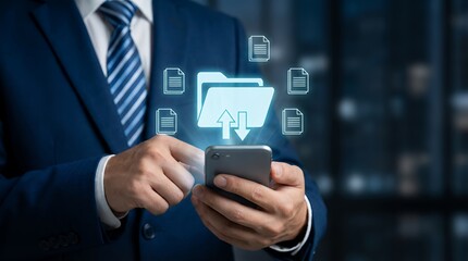 A businessman in a suit and tie holding a smartphone with a glowing digital folder icon displaying upload and download arrows surrounded by document icons data cloud storage transfer